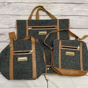 Oscar de La Renta Vintage Three Piece Luggage Set Tweed Bucle Black Tan Travel